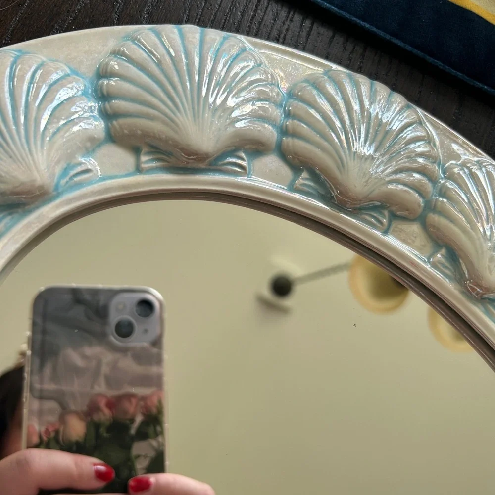 Vintage RARE Ceramic Hand Painted Scallop Seashell Oval Framed Wall Mirror